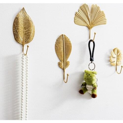 Nordic Light Luxury Golden Leaves Wall Hooks for Hanging Clothes No-punch Wall Hanger Coat Key Hook Decorative Home Organizer