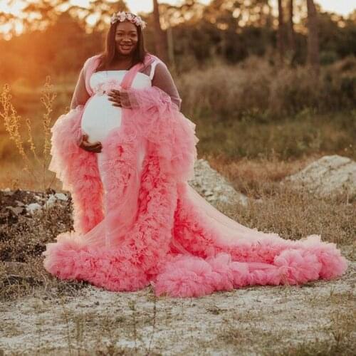Pink Tulle Ruffles Maternity Photoshoot Dresses Bridal Fluffy Prom Gowns Photography Costume Wear Bathrobe