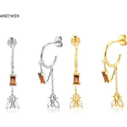 ANDYWEN 925 Sterling Silver Gold Chain Bees Honey Pendiente Piercing Drop Earring Winter Wedding Fashion Party Jewelry For Women