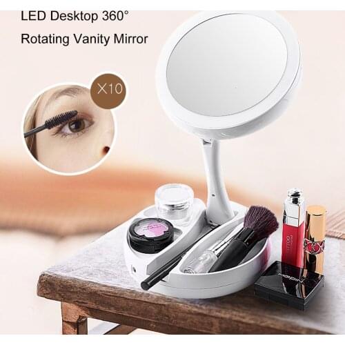 LED Vanity Mirror Desktop Folding Beauty Mirrors Portable With Lght Storage Makeup Mirror Double-Sided With Magnifying Glass