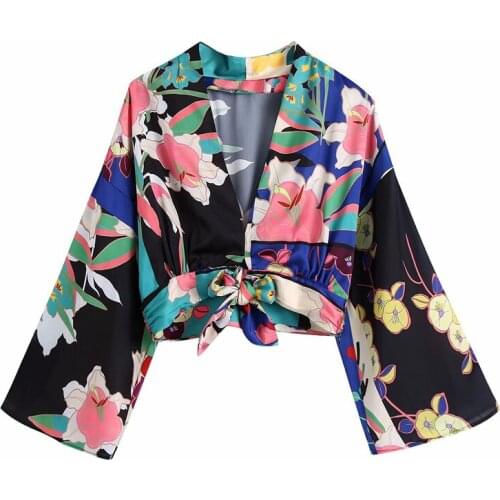 Evfer Women 2021 Fashion Flower Print Za Short Blouse Chic Lady Casual V-Neck Short Sleeve Summer Shirts Girls High Waist Tops