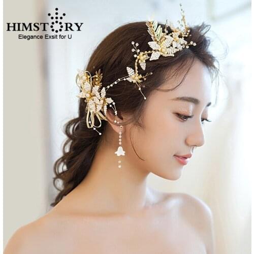 HIMSTORY Handmade Romantic Beaded Flower Leaf Bridal Hairclips Hairpins Gold Color Vine Wedding Hair Accessories