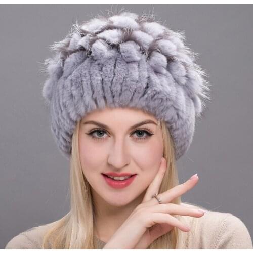Womens Winter Leather Pullover Caps Real Rabbit Fur Hat With Silver Fox Fur Flower Knit Hat New Womens Fur Hat TXJ17-05