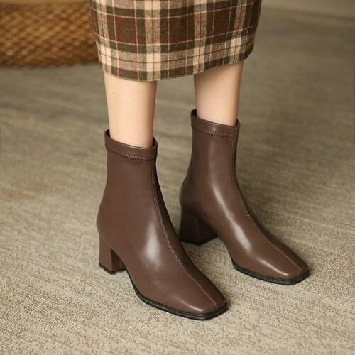 Sianie Tianie 2022 New Winter Spring Soft PU Plain Brown Black Big Size 42 43 Womens Office Shoes Chunky High Heels Ankle Boots