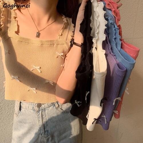 Tanks Tops Women Cute Bow Ruffles Solid Sleeveless Camis All-match Female Basic Knit Simple Crop Stylish Elegant Ins Fit Top