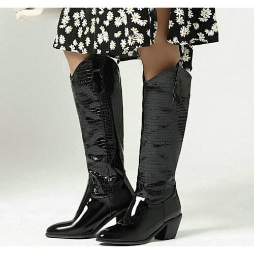 Faux Leather Women Western Boots Fashion Pointed Toe Square Heel Ladies Knee High Boots Slip on Women Fall Winter Shoes Big Size