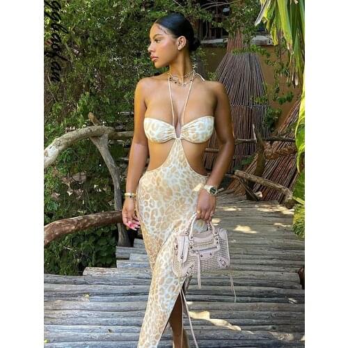 Ggbaofan Leopard Print Sexy V-Neck Halter Midi Dress 2021 Women Party Summer Holiday Backless Sleeveless Cut Out Dresses Split