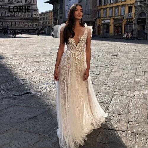 LORIE Beach Wedding Dresses 3D Flowers Lace A-Line Elegant Wedding Gown Boho V-Neck Country Bridal Dress 2021 vestido novia