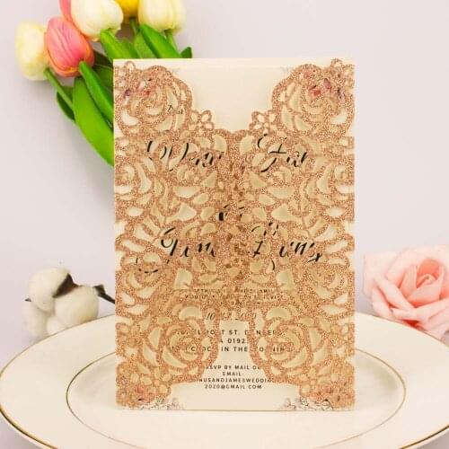 25pcs glitter paper elegant laser cut Flowers Wedding invitation cards customizable pocket cover for Bridal Shower invite gift