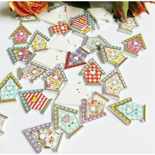 50pcs Mixed Color Random house Buttons Two Holes Sewing for Craft Wooden buttons Scrapbooking Garment Accessories 21*27mm