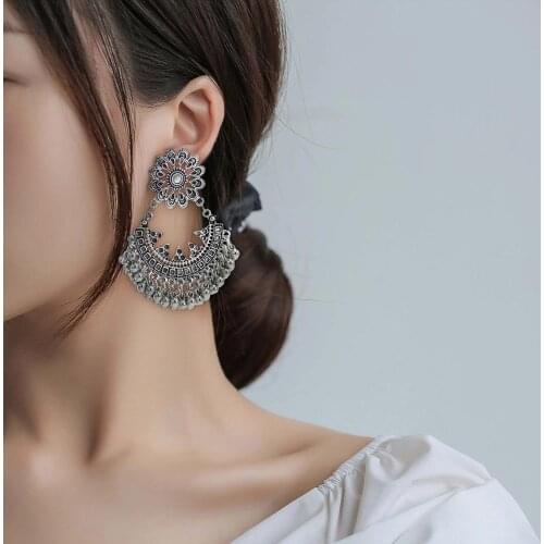 Afghan Jewelry Oxidized Silver Color Drop Earrings for Women Carved Flower pendientes Turkish Gypsy Tribal Party Jewelry Gift