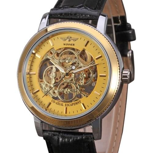 Fashion Winner Mens Top Brand Watch Mechanical Leather Crystal Steampunk Analog Classic Band Wristwatch Color Gold Luxury Clock
