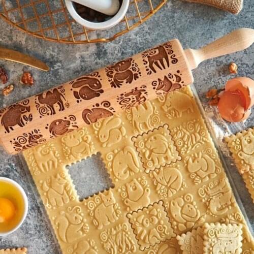 Wooden laser engraved rolling pin Kitchen Cartoon Animal Patterns pattern rolling pin childrens cookie rolling pin Cake Cookies