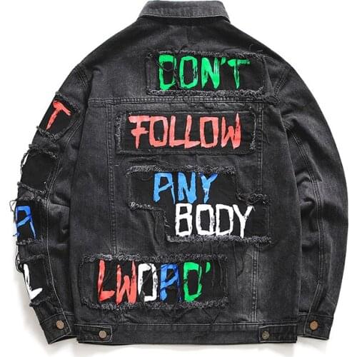 New Mens Male Fashion Casual Black Letters Print Patchwork Jean Jacket Slim Fit Black Denim Coat Ripped Outerwear