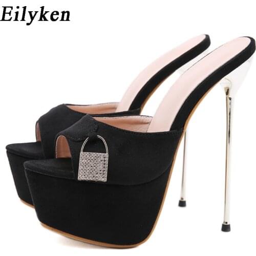 Eilyken New Sexy Nightclub Crystal Women’s Wedding slippers Sandals Fashion Platform Thin High Heels Summer Flock Party slippers