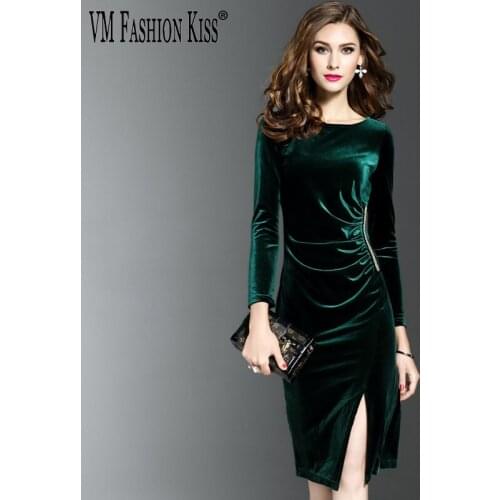 Elegant Women Autumn & Winter Evening Party Club Formal Fashion Women Long Sleeve Velvet Stretch Bodycon Midi Dress Vestidos 06