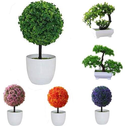 Artificial Plants Bonsai Plastic Simulation Tree Desktop Ornaments Pot Decorative Fake Flowers Leaves Garden Plant Home Decor