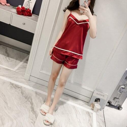 Summer New Simple Womens Pajamas Sets High Grade Silk Soft Smooth Breathable Sling Shorts Nightwear Suit Home Wear Sleepwear