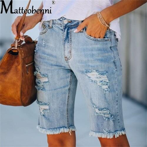 Summer Knee-Length Denim Shorts Ripped Jeans New Womens Slim Fit Hole Distressed Ladies Casual Street Style Denim Shorts 2021