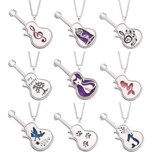 Metal Guitar Shaped Musical Note Cat Footprints Butterfly Pendant Aroma Locket Necklaces Memory Essential Oil Pads Jewelry