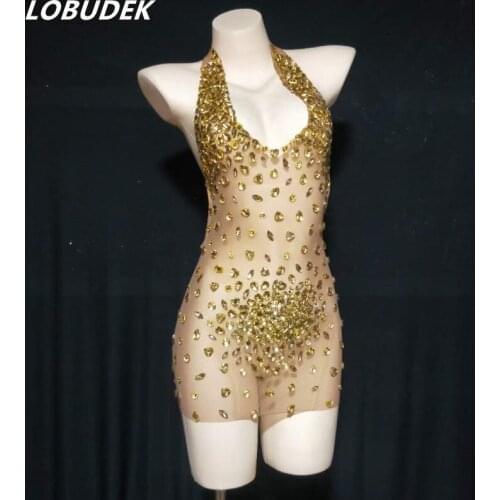 Gold Rhinestones V-neck Backless Halter Mini Dress Women Celebrity Birthday Party Crystal Stones Outfit Bar Stage Singer Costume