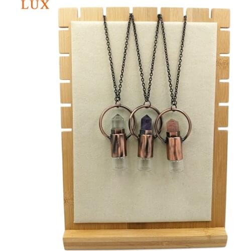 Natural Stone Roller Perfume Bottle Pendant Hexagon Antique Bronze Oil Diffuser Pointed Antique Copper Vial Charm For Necklace