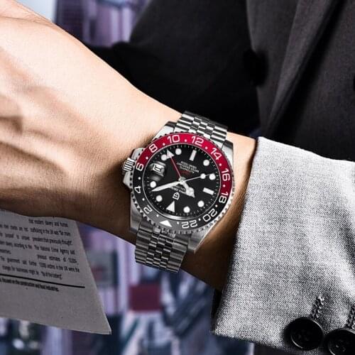 PAGANI DESIGN 40mm Fashion Mens Watches Stainless Steel Waterproof Mechanical Watch Sapphire GMT Watch Mens Relogio Masculino