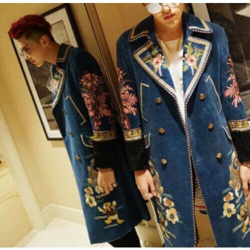 Court Style Mens Retro Long Wool Blended Parka Coat Slim Embroidered Floral Lion Party Perform Outwear Luxury New 2021