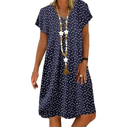 Women Dresses Summer V Neck Casual Short Sleeve Dot Heart Print Loose Knee-length Dress vestido de mujer платье летнее женское