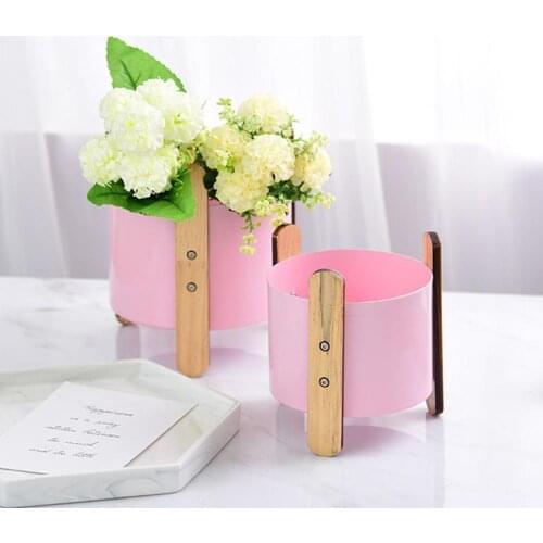 Simple Wrought Iron Flower Pot with Wooden Frame Home Desktop Planter Decoration Solid Wood Iron Portable Nordic Style Practical