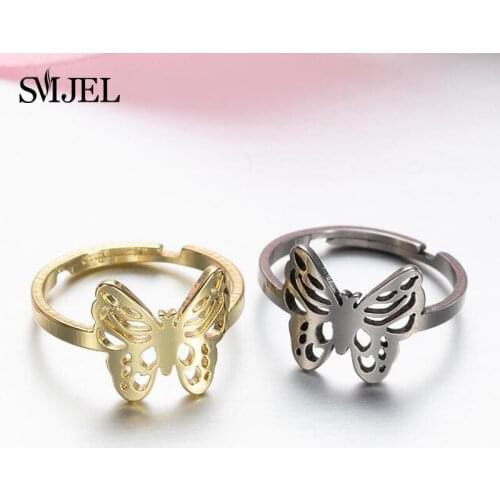 SMJEL Korea New Fashion Butterfly Opening Rings Women Girls Simple Stainless Steel Ring Female Banquet Jewelry Animal 2021 Gifts