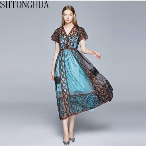 2020 Summer Chic Embroidery Flowers Mesh Dresses Women V-Neck Butterfly Sleeve Long Dress National Style Female Party Dress