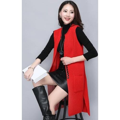 Women Spring Autumn Loose Slim Knitted Vests Female Long Solid Sweater Cardigans Ladies Casual Elegant Pockets Vest Coat Z133