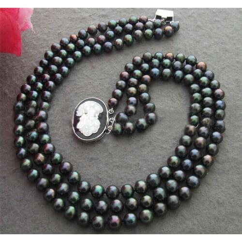 3 rows 8-9mm Black cultured freshwater Pearl Necklace shell clasp 20"