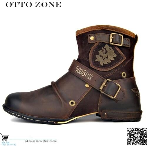 OTTO ZONE Mens Autumn/Winter Shoes Boots Genuine Cow Leather High Top Ankle Boots Cotton-Padded Leather Shoes Size EU 39-46
