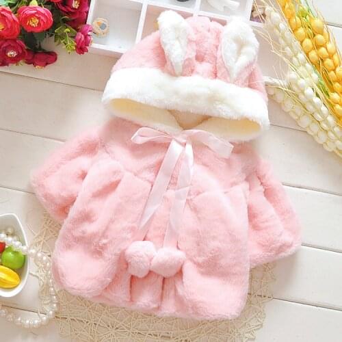 Children Cute Baby Girls Winter Coat Thickening Luxury Faux Fur Hooded Baby Girls Jacket Rabbit Ear Outerwear