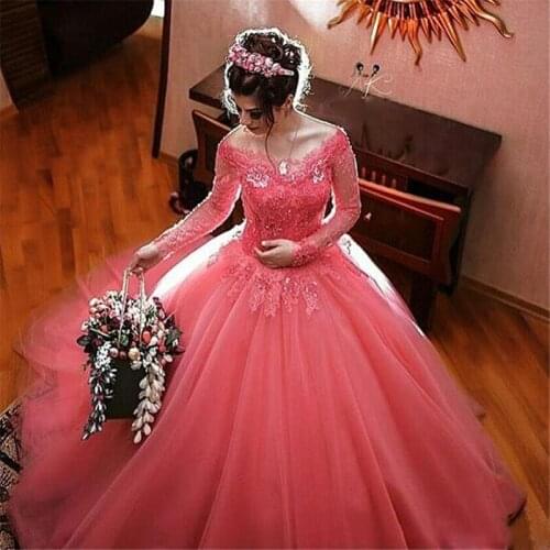 Elegant Off the Shoulder Hot Pink Wedding Dress with Color Long Sleeve Lace Appliques Vintage Bride Dresses Beading Vestido De N