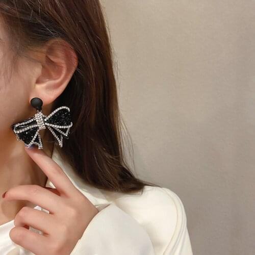 FYUAN Korean Style Black Bowknot Dangle Earrings for Women Rhinestone Earrings Weddings Party Jewelry