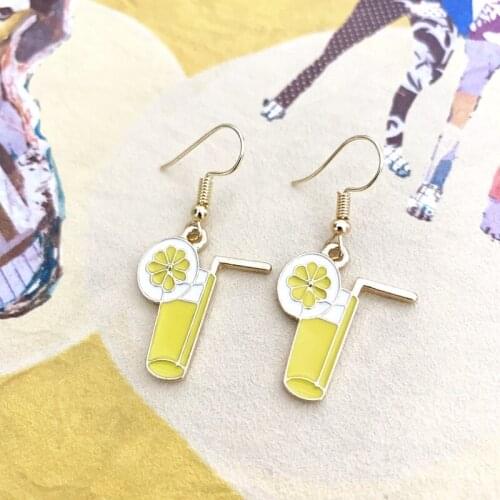 Lemon Juice Drinks Cup Earrings Gold Zinc Alloy Summer Beach Charms Food Dangle Women Hoop Eardrop Fashion Accessories