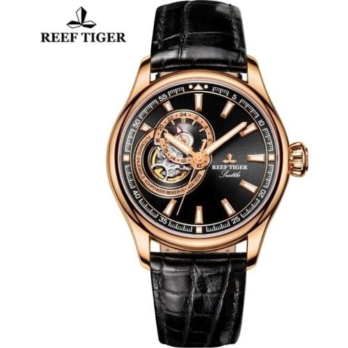 Reef Tiger/RT Top Brand Luxury Men Tourbillon Mechanical Watches Genuine Leather Strap Rose Gold Waterproof Automatic Watches