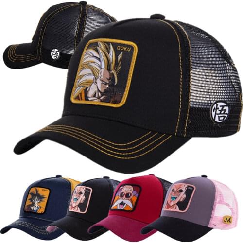 New Brand Anime Mesh Hat Goku Baseball Cap High Quality Black & Yellow Curved Brim Snapback Cap Gorras Casquette Dropshipping