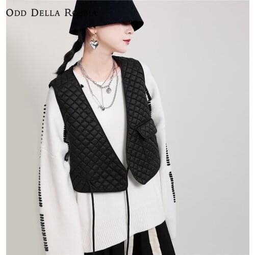 OddDellaRobbia Autumn Winter New Warm Cotton Vest Short Waistcoat Loose Solid Color Lace Rhomboid Coat Jacket Women 1904