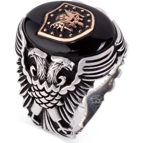 925 Sterling Silver Ottoman Emblem on Black Onyx Stone Ring with Double-Headed Eagle Pattern Exclusive Silver Ring