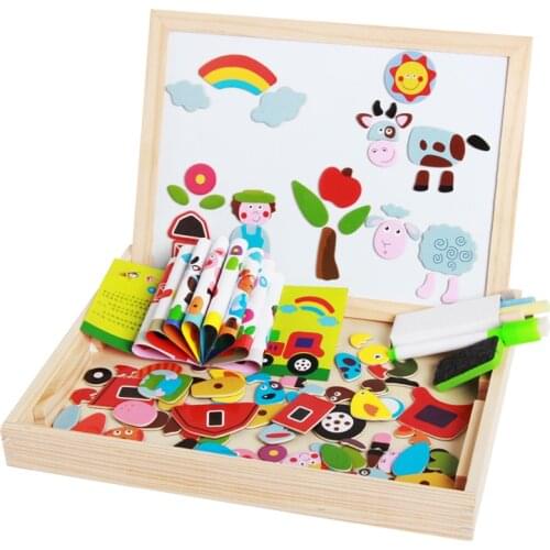 OUY Wooden Childrens Early Learning Sketchpad Invigorating Jigsaw Puzzle Toy Farm Zodiac Animal Sticker Magnetic Spelling