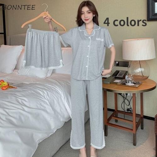 Pajama Sets Women Summer Solid 4 Colors Simple Comfortable Nightwear Fashion Girl Cute Korean Style New Turn Down Collar Leisure