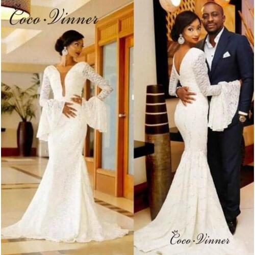 Special Flare Sleeve V neck Lace Mermaid Wedding Dresses Backless Custom Made Bride Dress Court Train Wedding Dress W0423