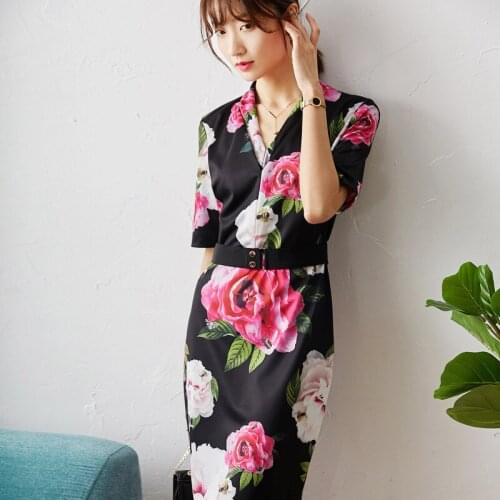 Chinese style dress New peony print dress female show thin package hip long 2021