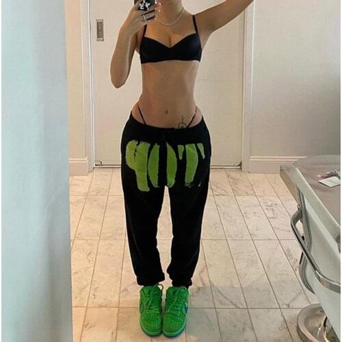 Casual Street Style Black Sweatpants For Women Fashion Top Letter Print High Waist Harem Pants Fall Loose Elastic Sport Trousers