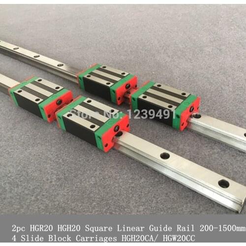 2pc HGR20 HGH20 20mm Square Linear Guide Rail 200-1500mm+4 Slide Block Carriages HGH20CA/ HGW20CC for CNC Router Engraving