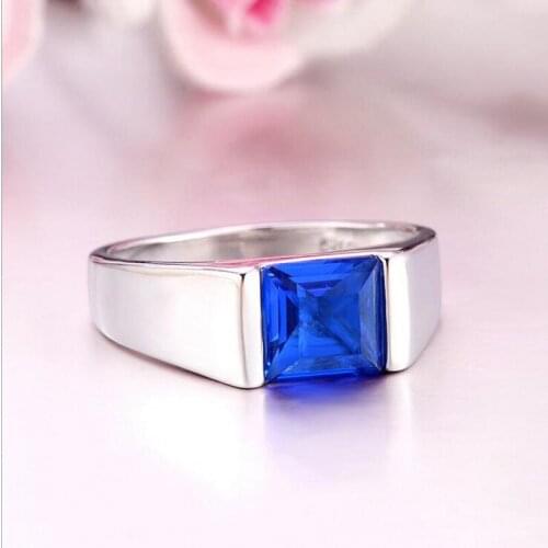 Size 7-12 Sparkling Fashion Jewelry 925 Sterling Silver Blue Princess Cut 5A Cubic Zirconia Wedding Band Ring for Men Gift